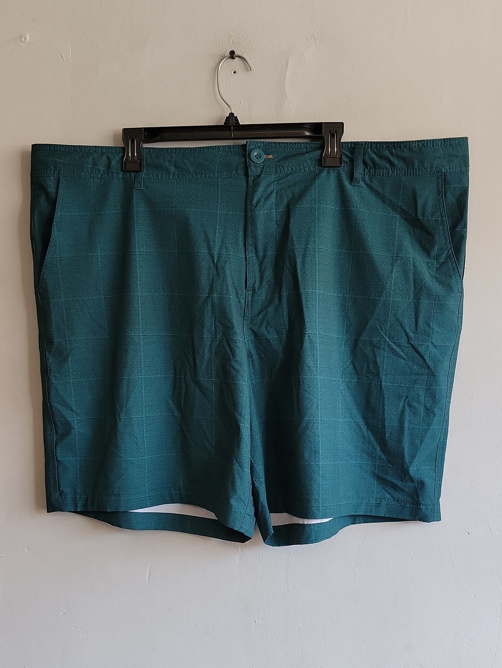 Men's 46" waist dark teal plaid flat front wet/dry shorts swim trunks